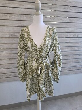 Hannah Olive Green & White Paisley Wrap Mini Dress